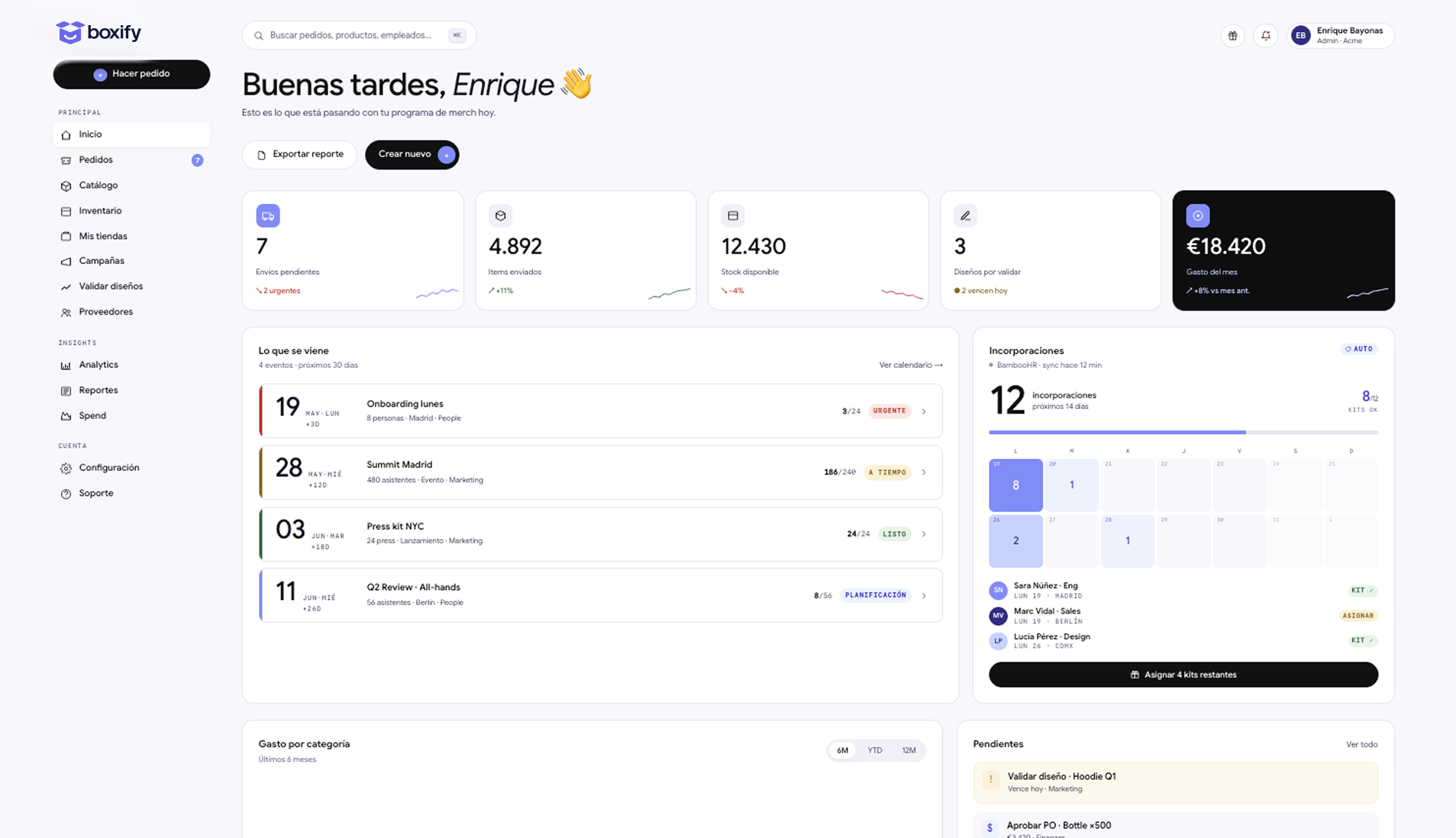 Captura del panel de control Boxify con pedidos, inventario y actividad